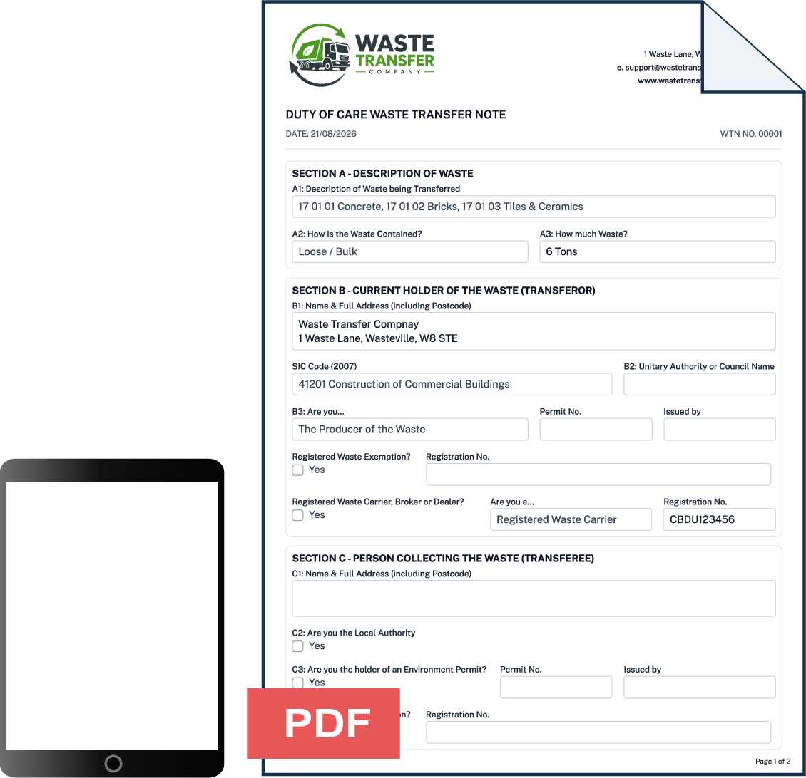Example digital waste transfer note shown alongside a tablet